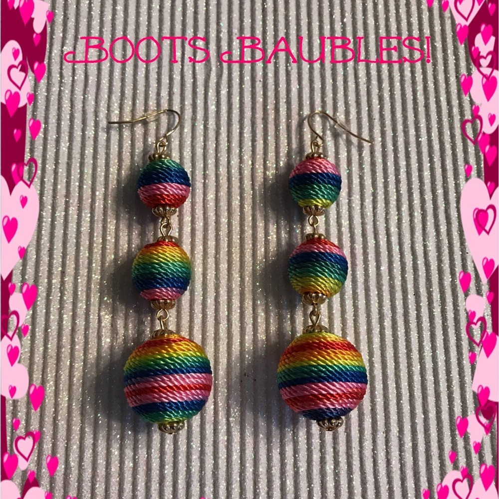 Rainbow thread ball dangle earrings